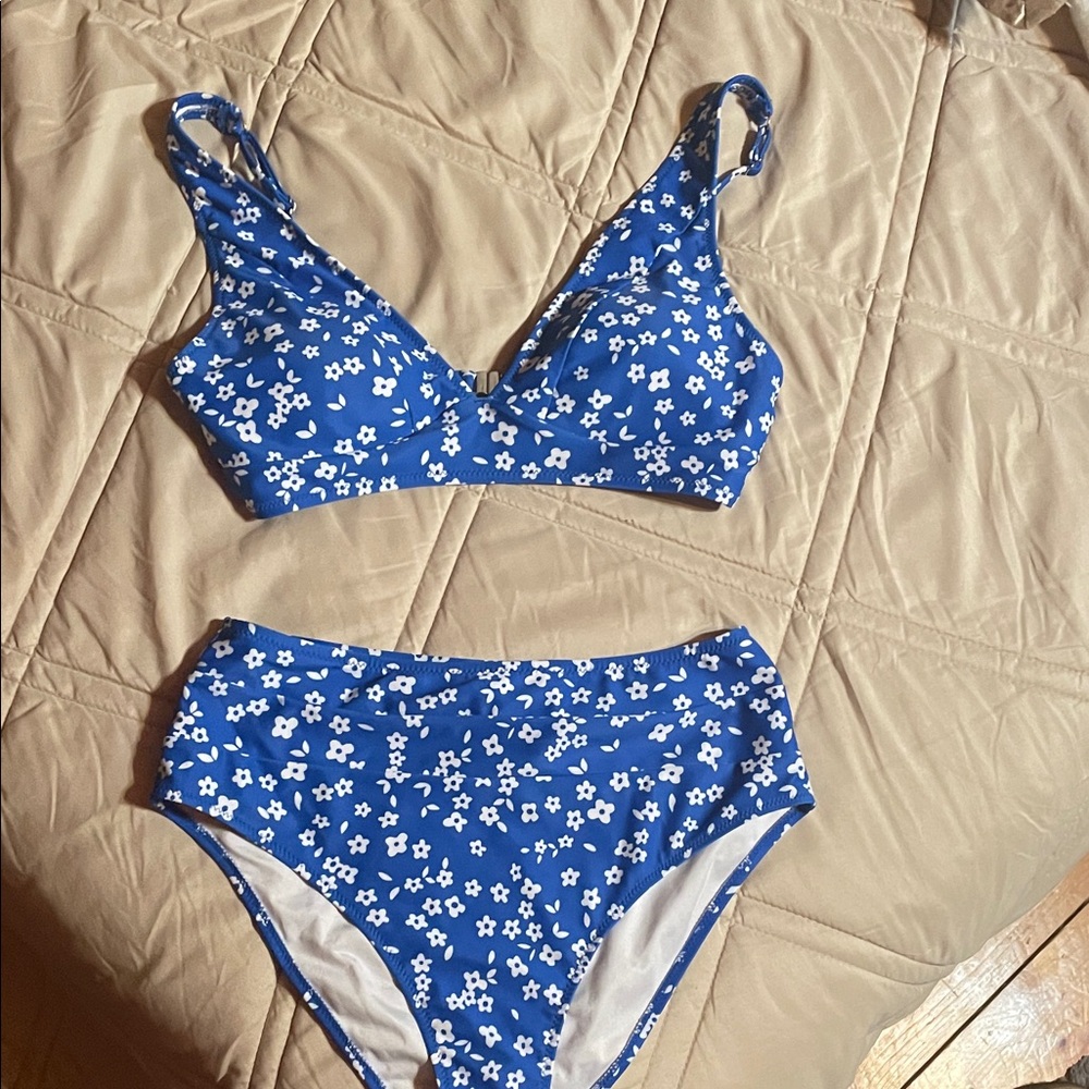 High Waist Blue Floral Bikini Set